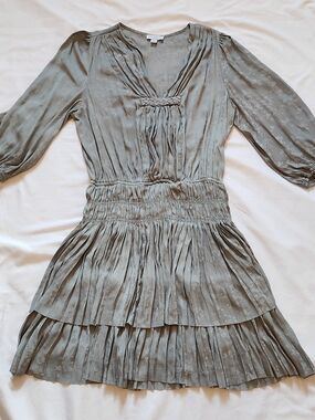 Current Air Turquoise Pleated Mini Dress with Braided V-Neckline